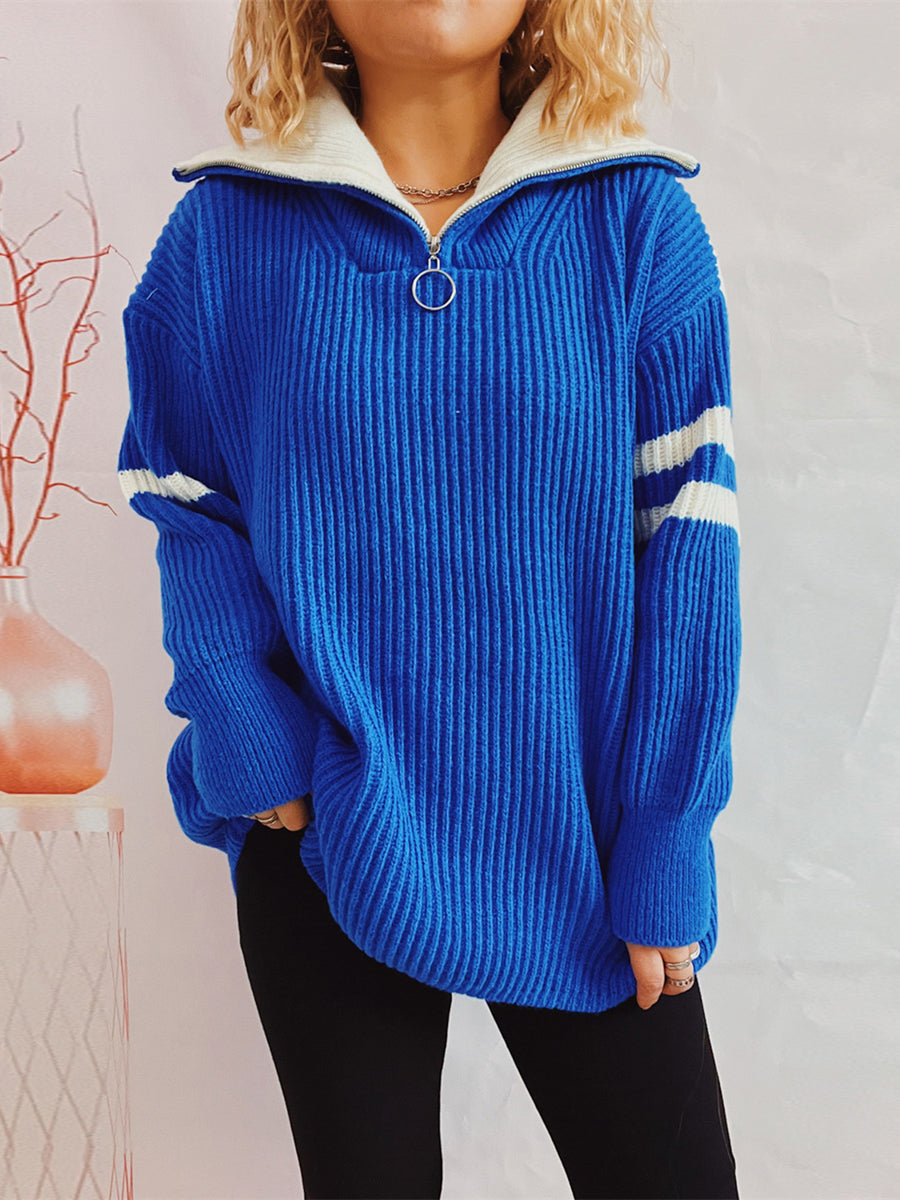 Textured Contrast Half Zip Pullover Sweater - EasyApparels