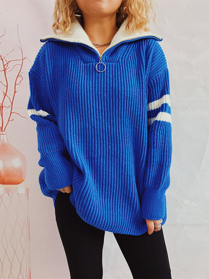 Textured Contrast Half Zip Pullover Sweater - EasyApparels