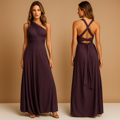 Women’s elegant wrap dress with extra-long straps and pleated waist, 20+ styling options, perfect for weddings, parties, and formal occasions.