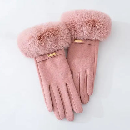 Warm Women's Suede Gloves with Fur Trim