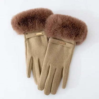 Warm Women's Suede Gloves with Fur Trim