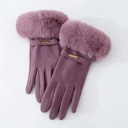 Warm Women's Suede Gloves with Fur Trim