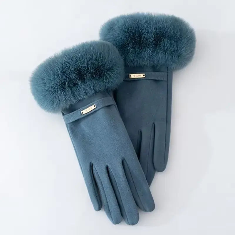 Warm Women's Suede Gloves with Fur Trim