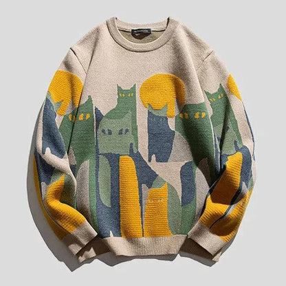 Cozy Women's Cat Pattern Crew Neck Sweater - EasyApparels
