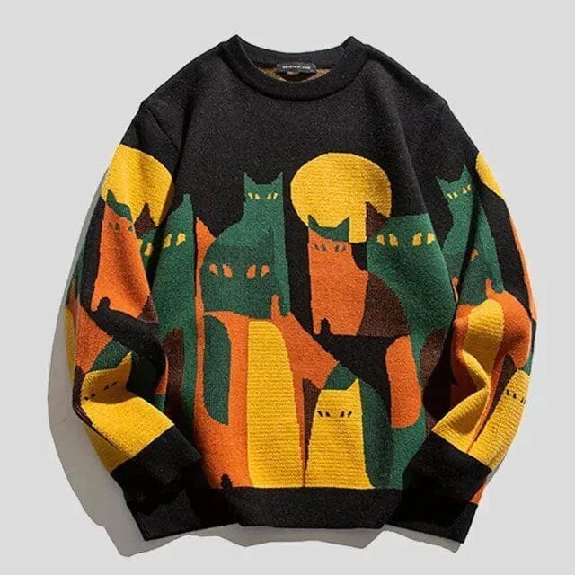 Cozy Women's Cat Pattern Crew Neck Sweater