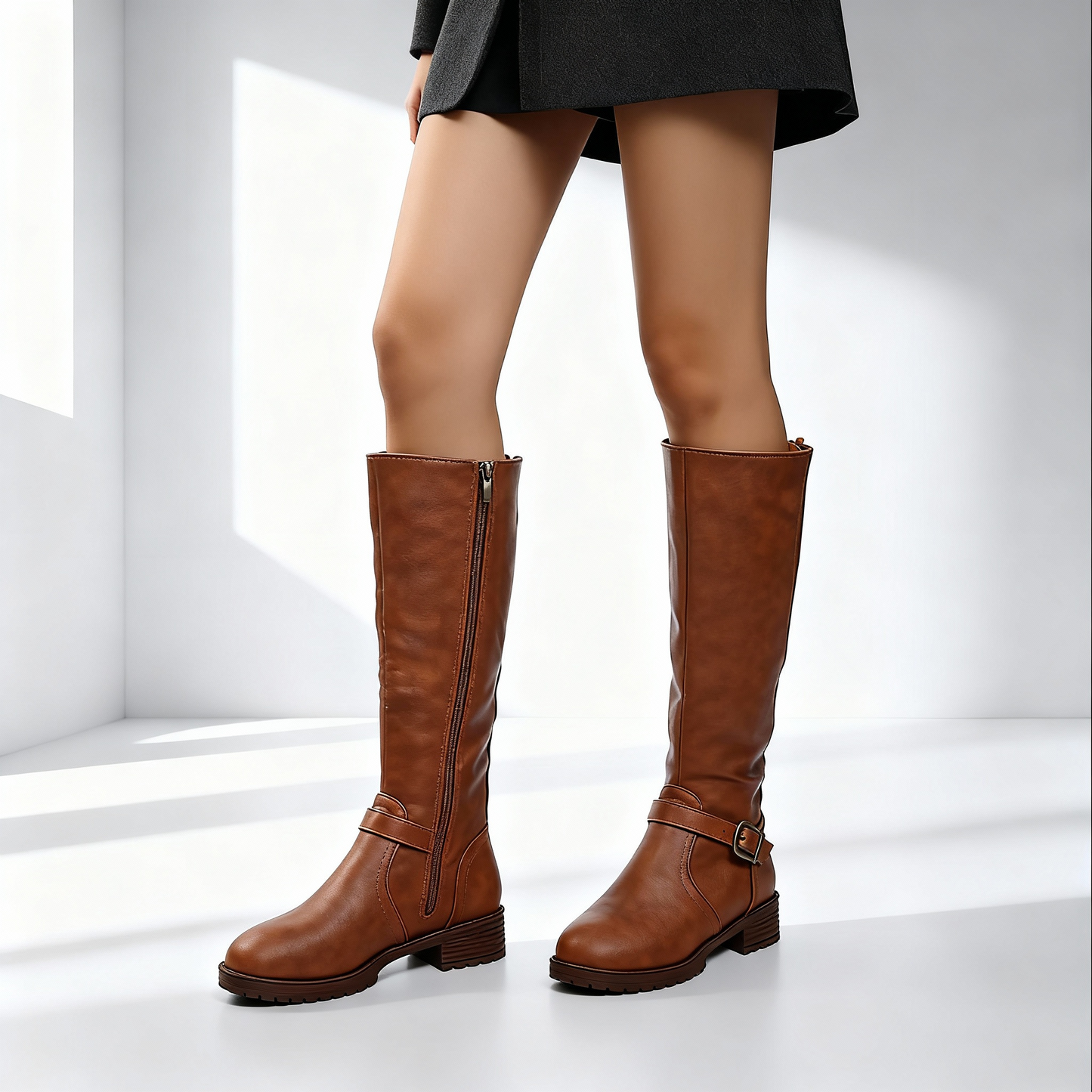 Classic Mid-Calf Riding Boots | Buckle Lug Sole Boots - EasyApparels