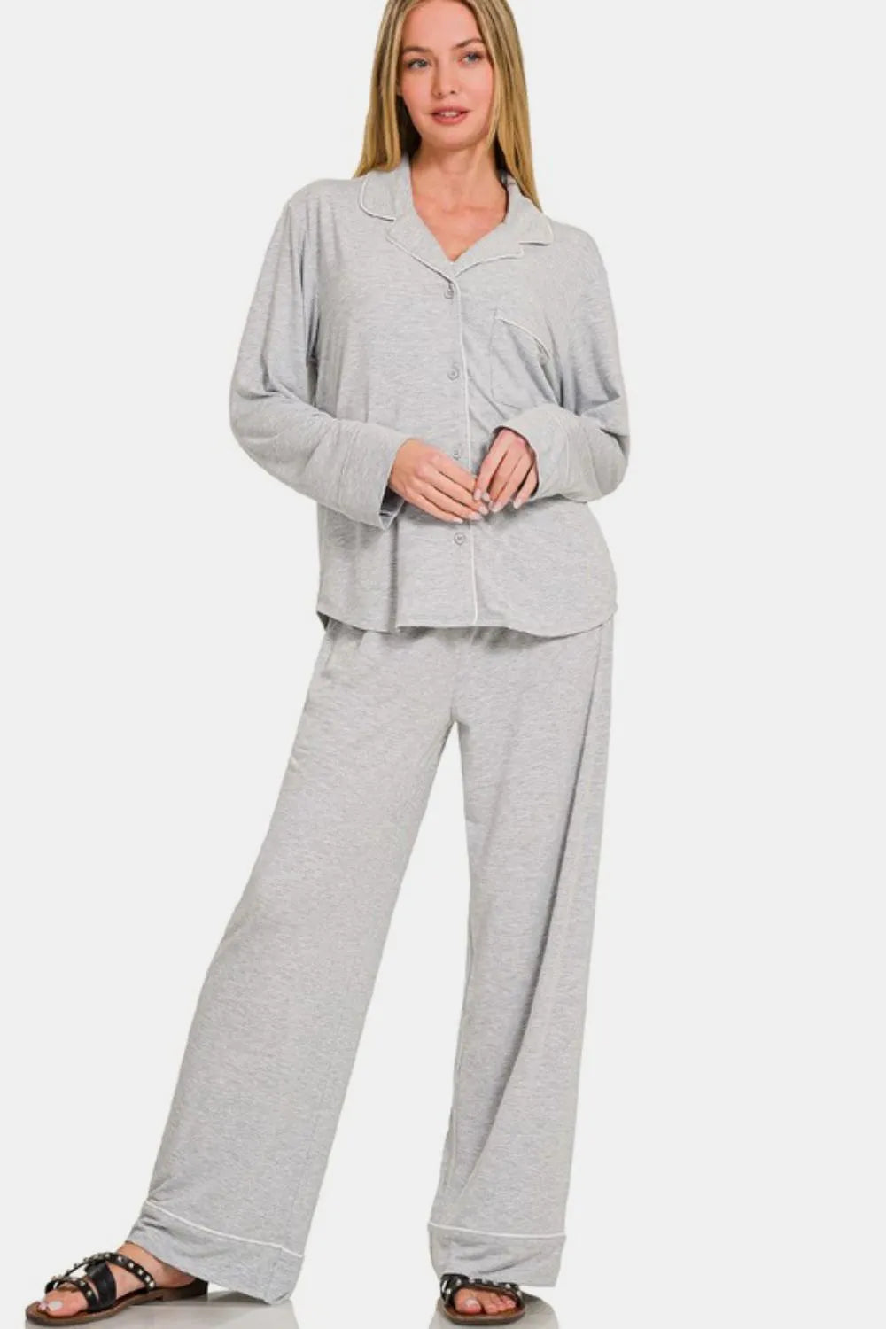 Comfortable Button Down Long Sleeve Pajama Set - EasyApparels