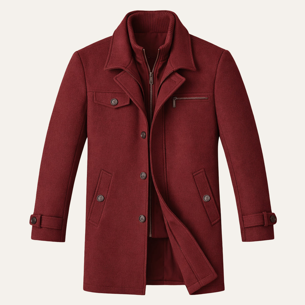 Warm Men's Zip Up Wool Coat with Button Front