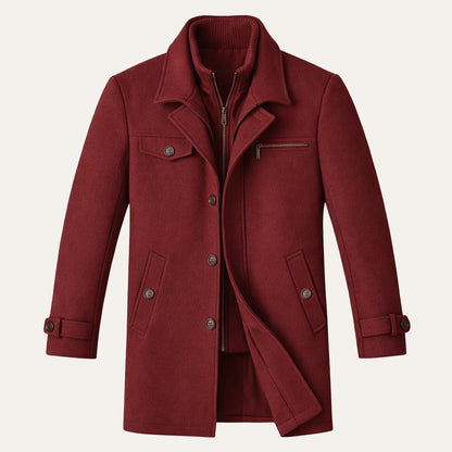Warm Men's Zip Up Wool Coat with Button Front