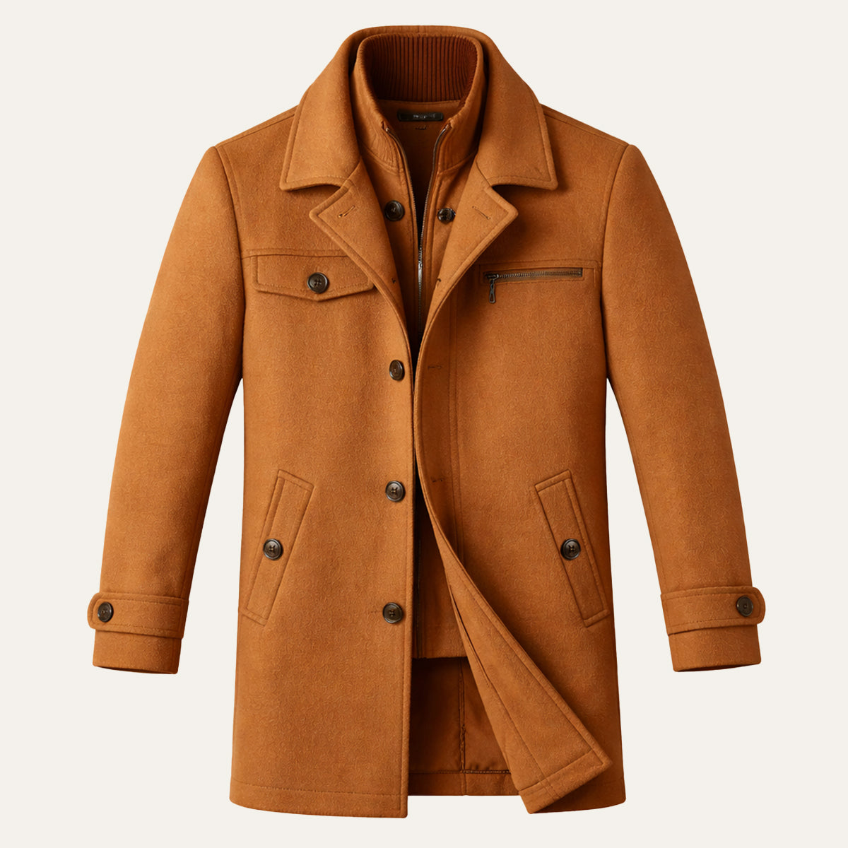 Warm Men's Zip Up Wool Coat with Button Front