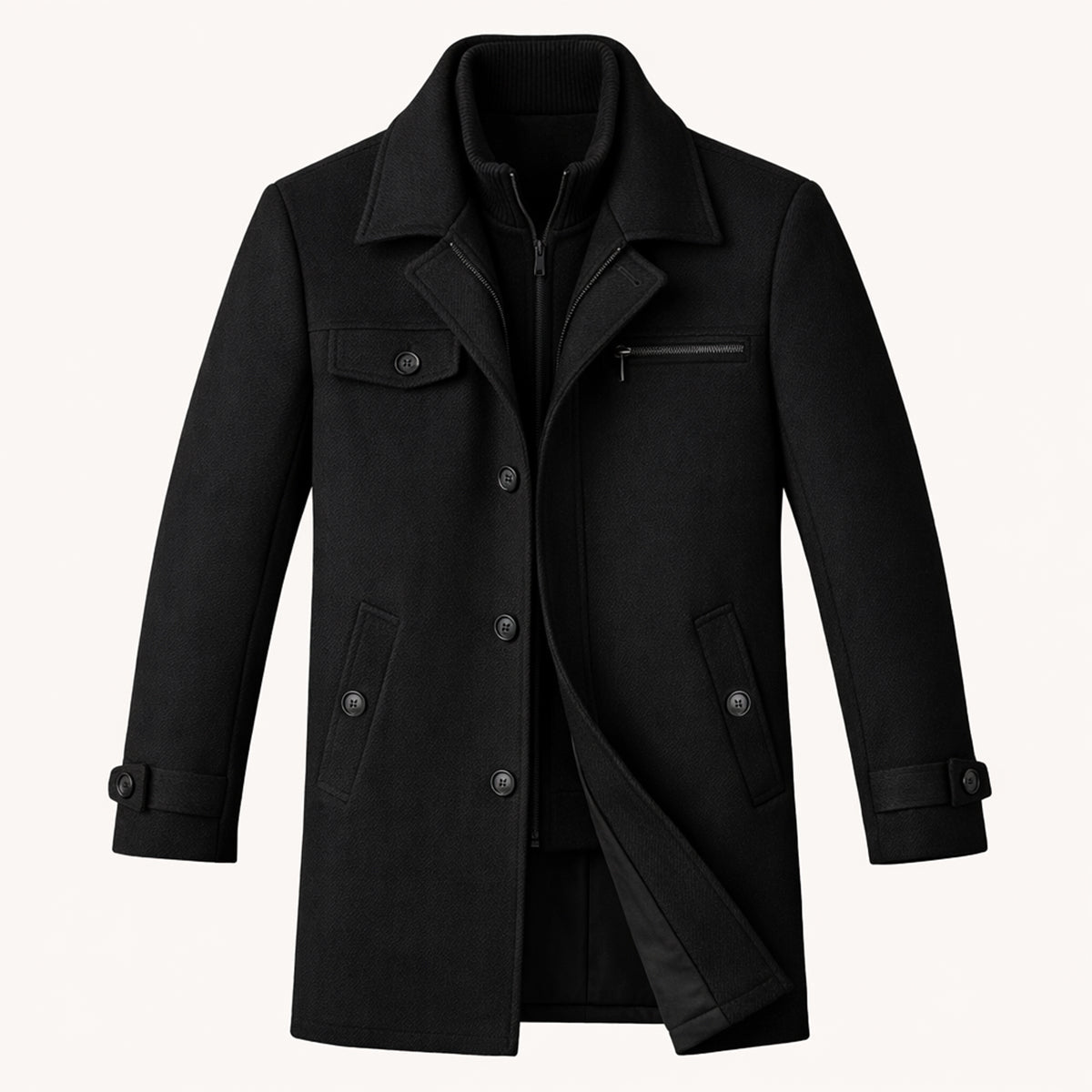 Warm Men's Zip Up Wool Coat with Button Front - Vossary