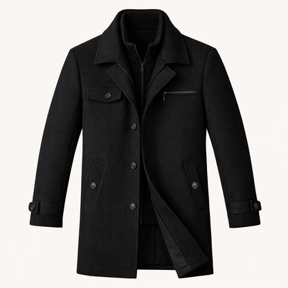 Warm Men's Zip Up Wool Coat with Button Front - Vossary