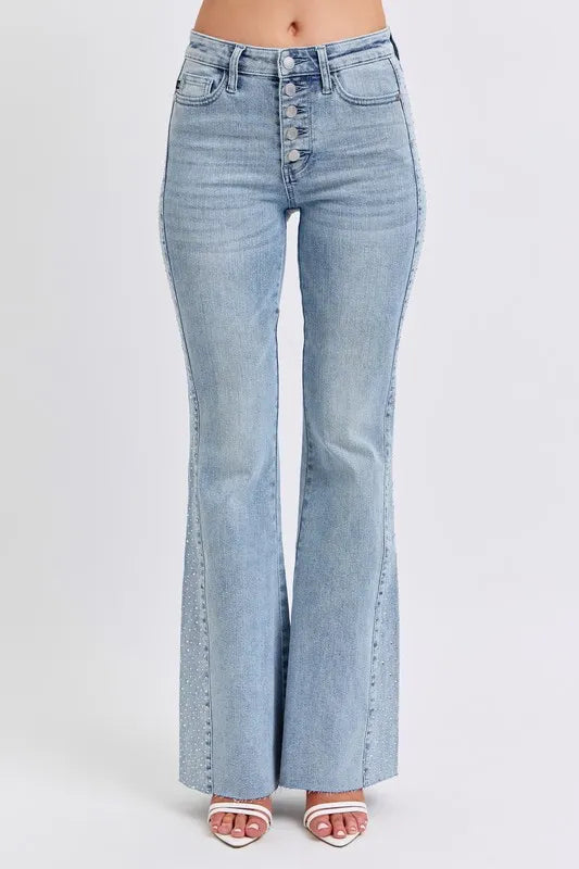 Sparkly High Waisted Flare Plus Size Women's Jeans - EasyApparels