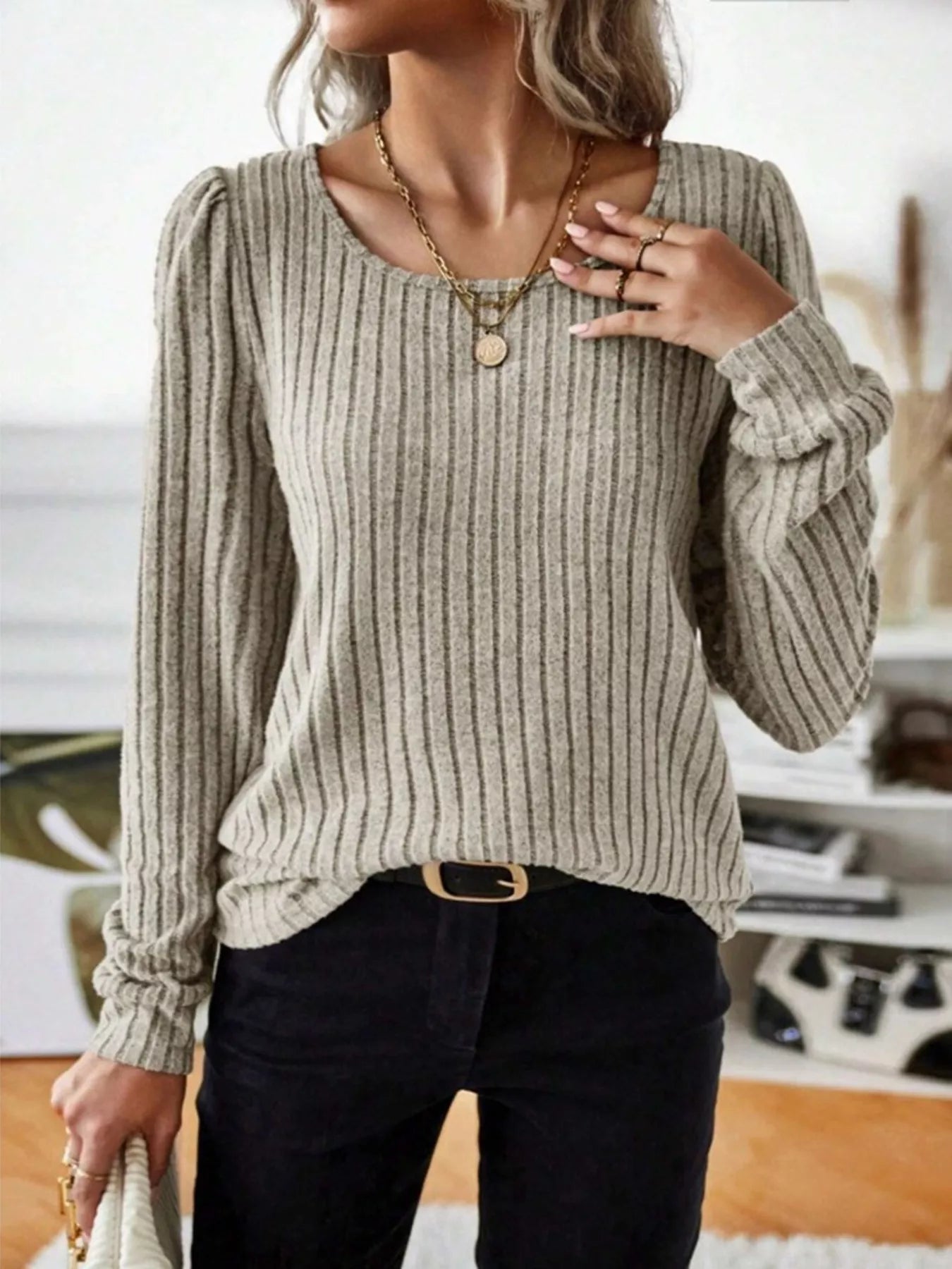 Textured Crew Neck Long Sleeve Tee - EasyApparels