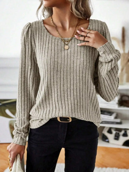 Textured Crew Neck Long Sleeve Tee - EasyApparels
