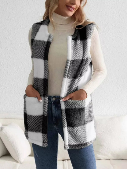 Warm Fleece Plaid Puffer Vest Jacket