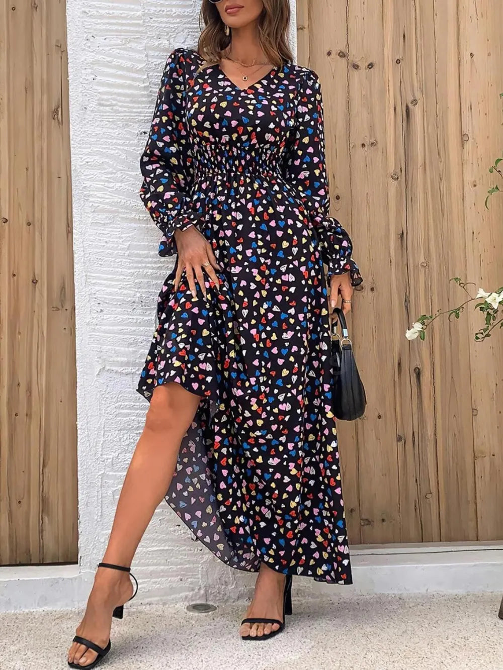 Ruffled Floral V-Neck Bell Sleeve Dress