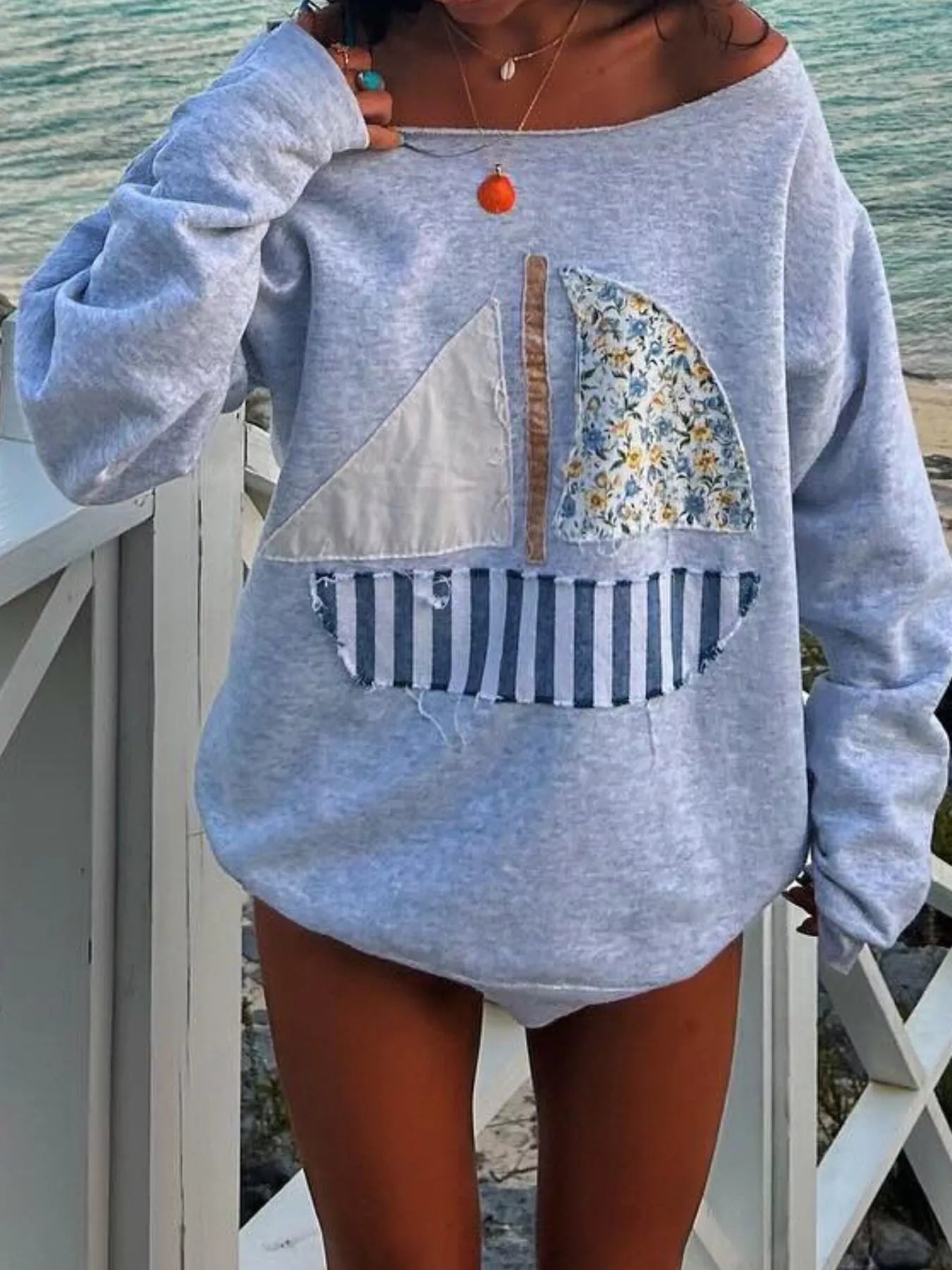 Relaxed Fit Crew Neck Patchwork Sweater