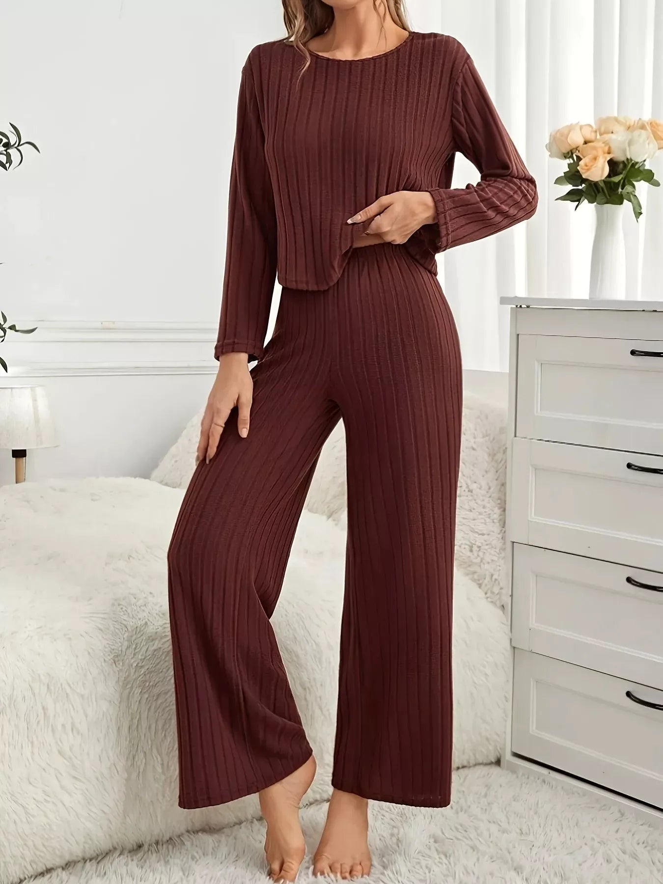Soft Crew Neck Long Sleeve Loungewear Set - EasyApparels