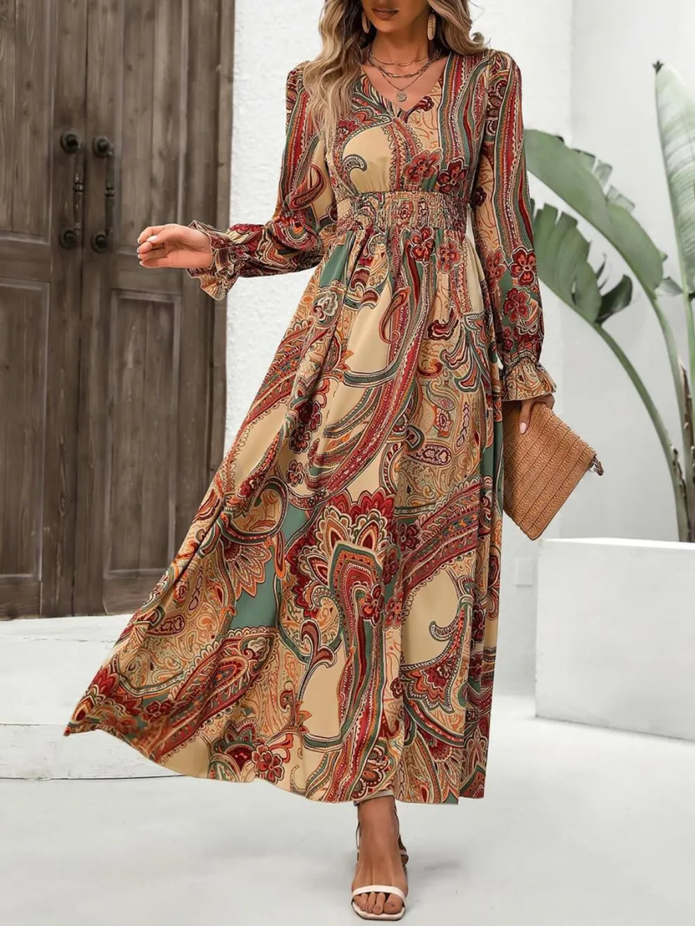 Ruffled Floral V-Neck Bell Sleeve Dress - EasyApparels