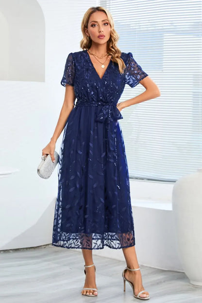 Glittering Floral Embroidered V Neck Summer Dress - EasyApparels