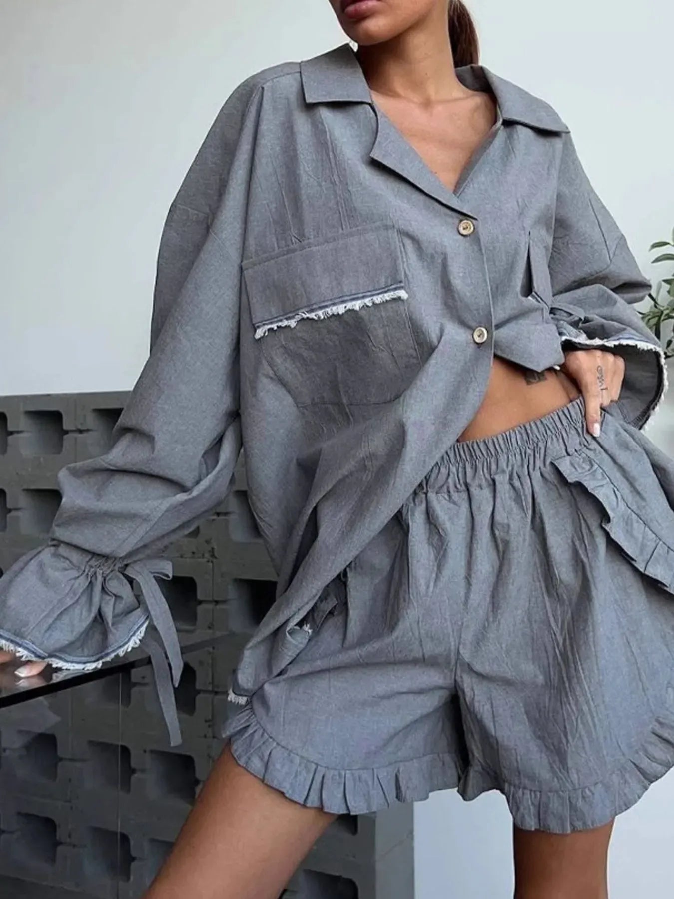 Cute Ruffle Sleeve Crop Top and Shorts Set - EasyApparels