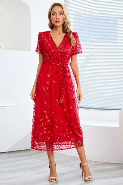 Glittering Floral Embroidered V Neck Summer Dress