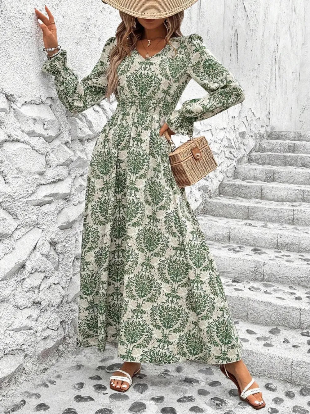 Ruffled Floral V-Neck Bell Sleeve Dress