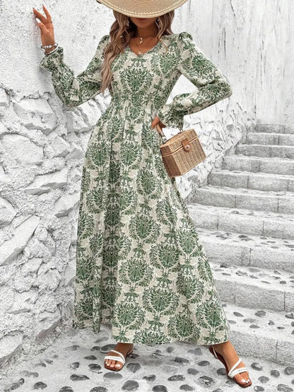 Ruffled Floral V-Neck Bell Sleeve Dress