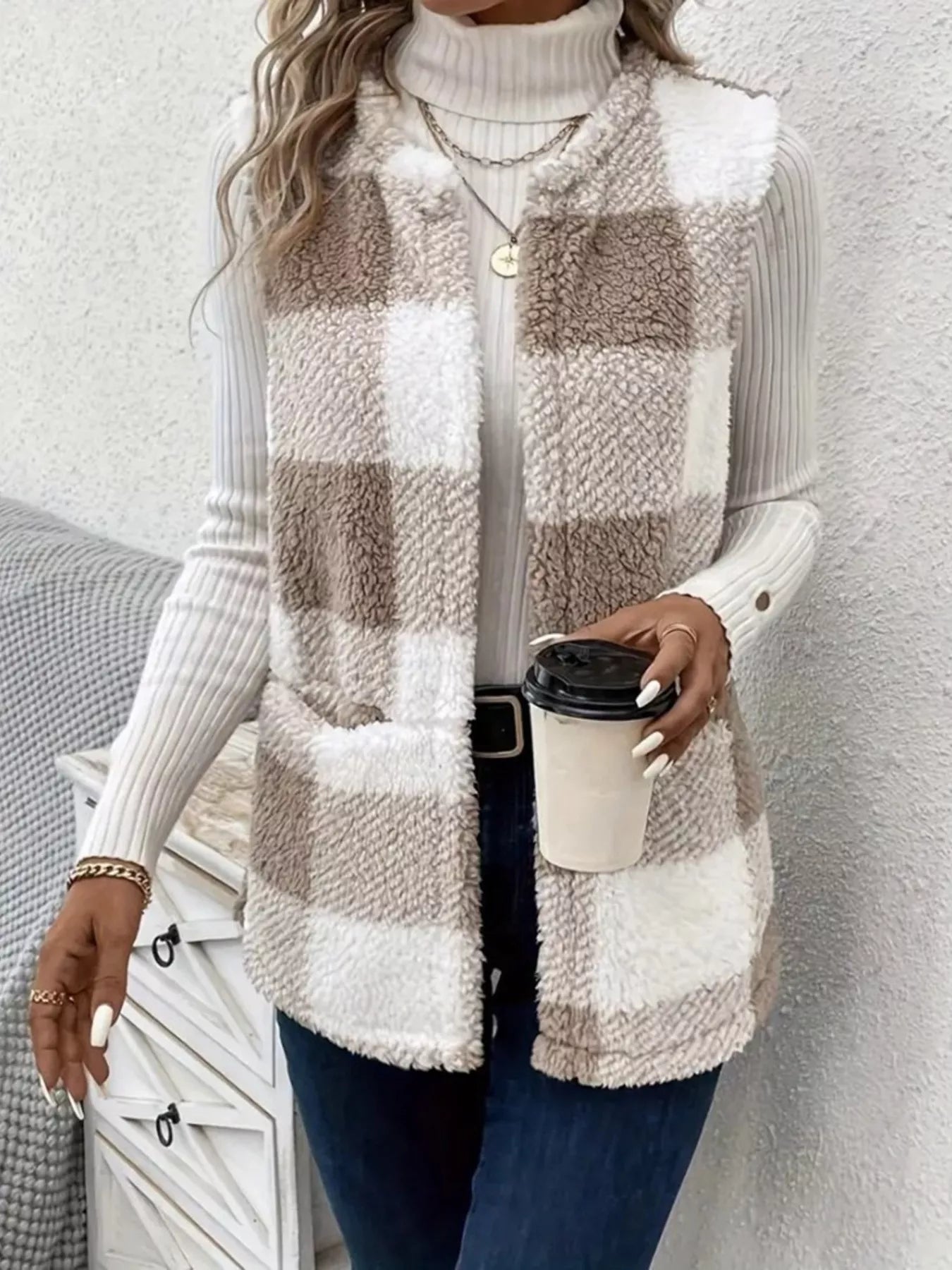 Warm Fleece Plaid Puffer Vest Jacket - EasyApparels