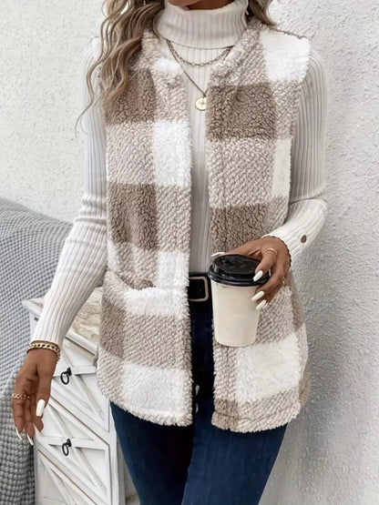 Warm Fleece Plaid Puffer Vest Jacket - EasyApparels