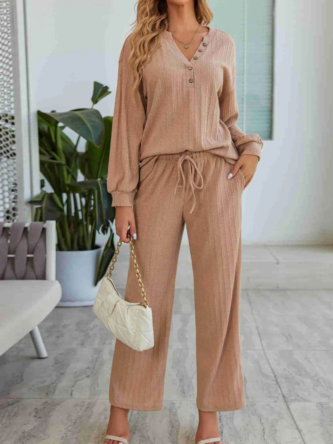 Comfy Knit Loungewear Set with Button Front Detail - EasyApparels
