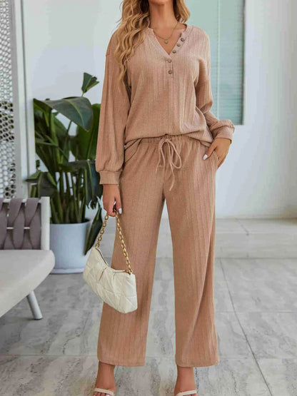 Comfy Knit Loungewear Set with Button Front Detail - EasyApparels