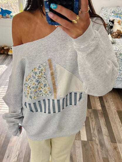 Relaxed Fit Crew Neck Patchwork Sweater - EasyApparels