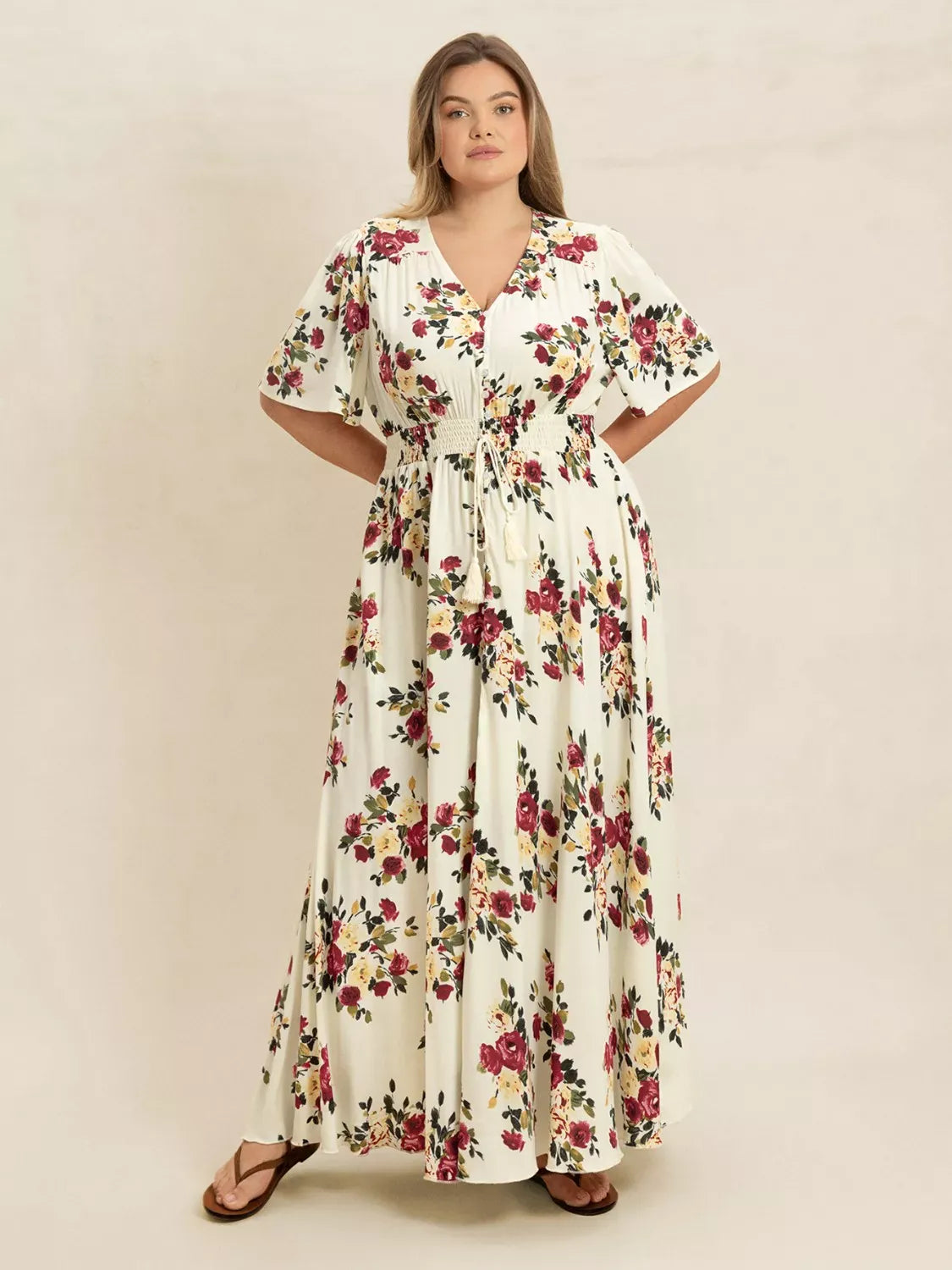 Large Floral Ruffle Sleeve Long Dress with Buttons - EasyApparels