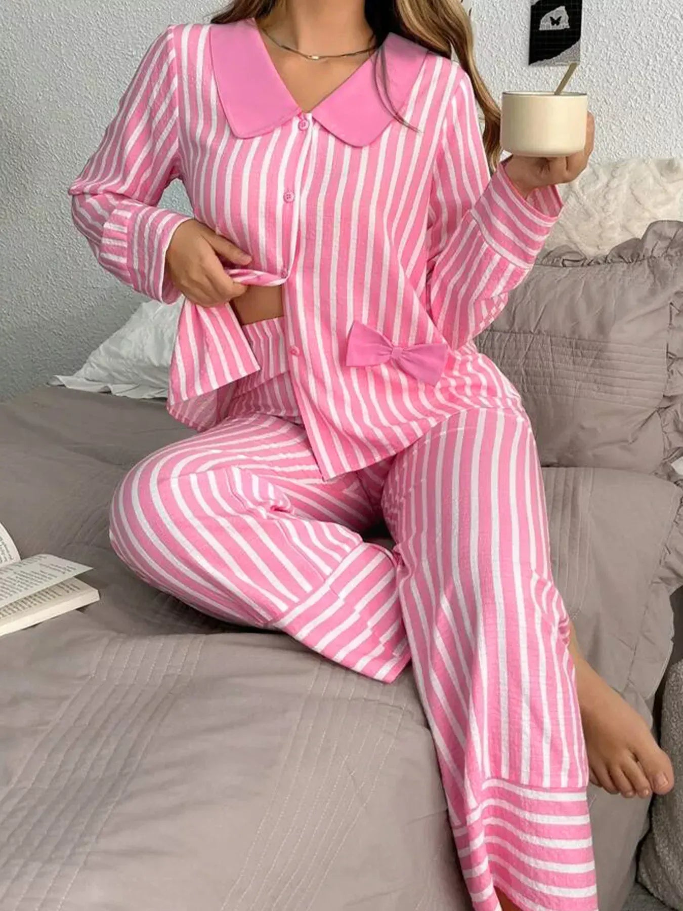 Comfy Pajama Set with Button Front Top and Pants - EasyApparels