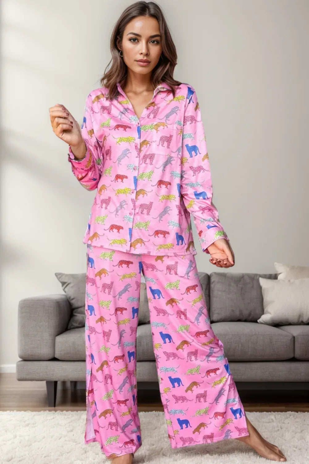 Comfy Patterned Loungewear Set with Pockets - EasyApparels