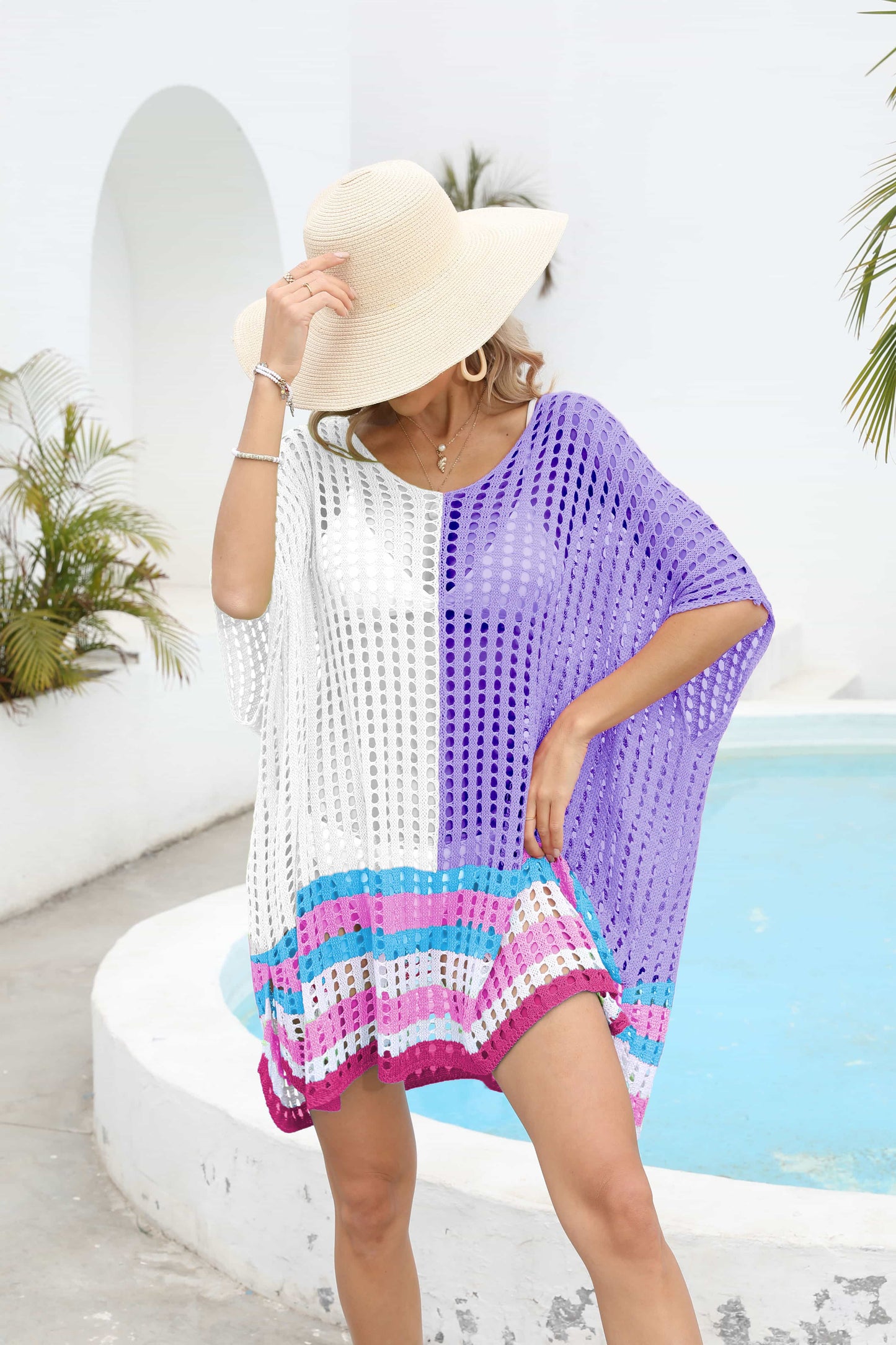 Colorful Crochet Open Back Short Sleeve Top Cover