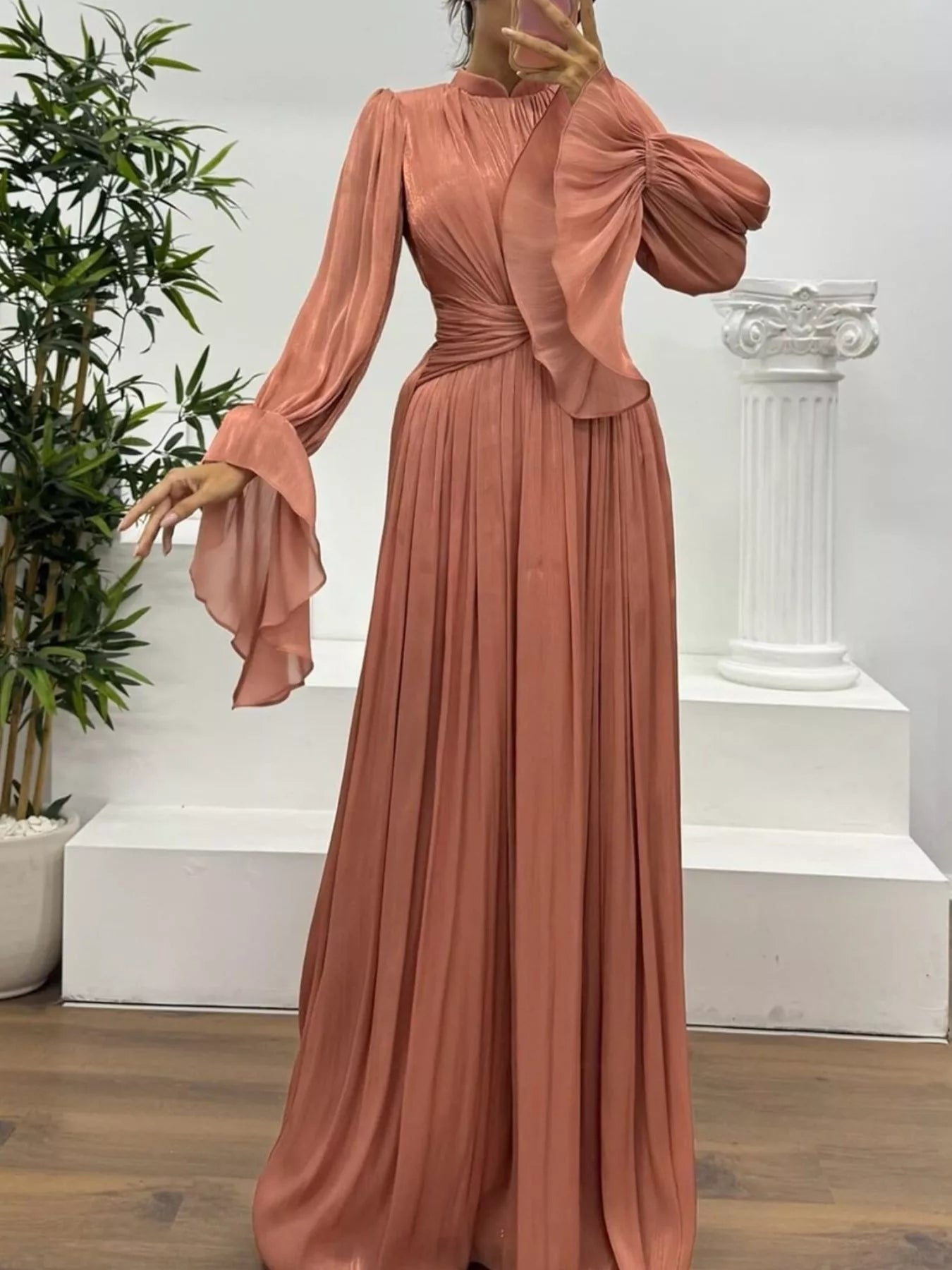 Flowy High Neck Floor Length Maxi Dress