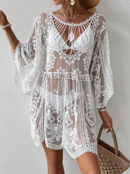 Crochet Round Neck Beach Coverup - EasyApparels