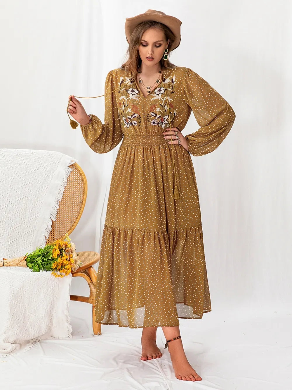 Curvy Spotted Ruffle Neck Flowy Maxi Dress - EasyApparels