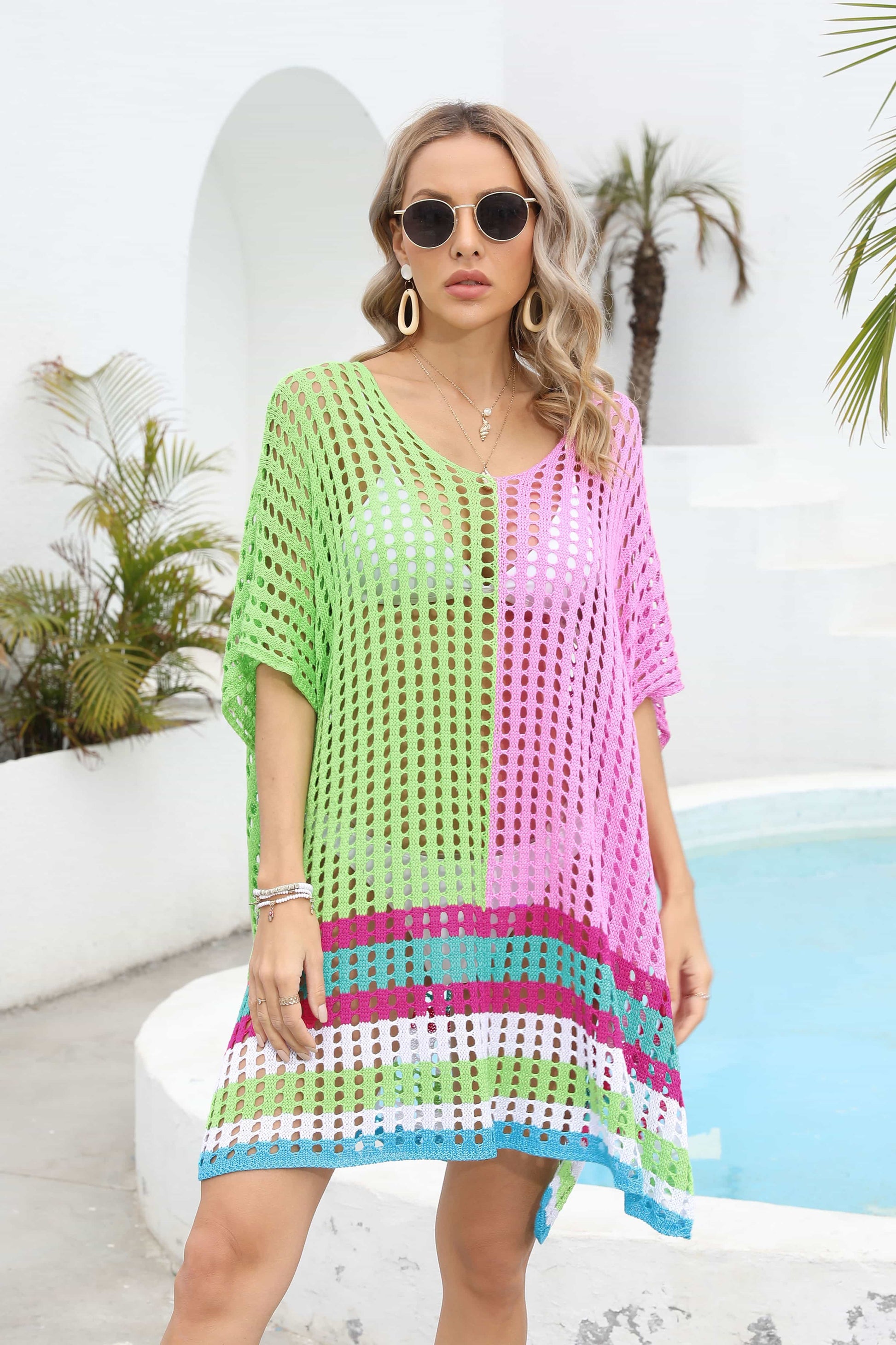 Colorful Crochet Open Back Short Sleeve Top Cover - EasyApparels