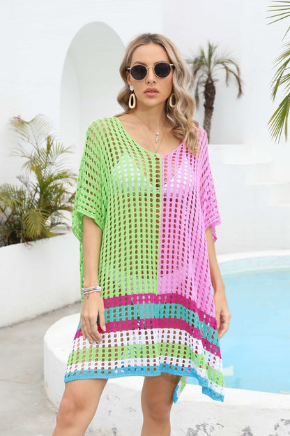 Colorful Crochet Open Back Short Sleeve Top Cover - EasyApparels