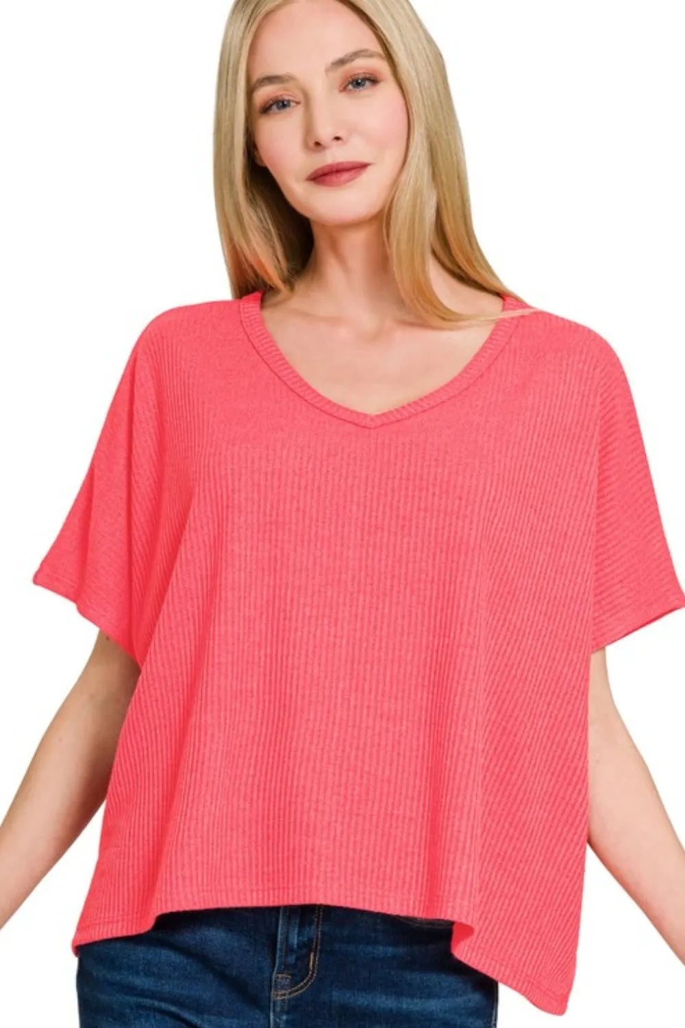 Relaxed Fit V-Neck Short Sleeve Knit Top - EasyApparels