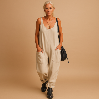 Women’s flowy summer jumpsuit with loose fit and lightweight fabric, available in multiple vibrant colors, perfect for casual and warm weather wear.