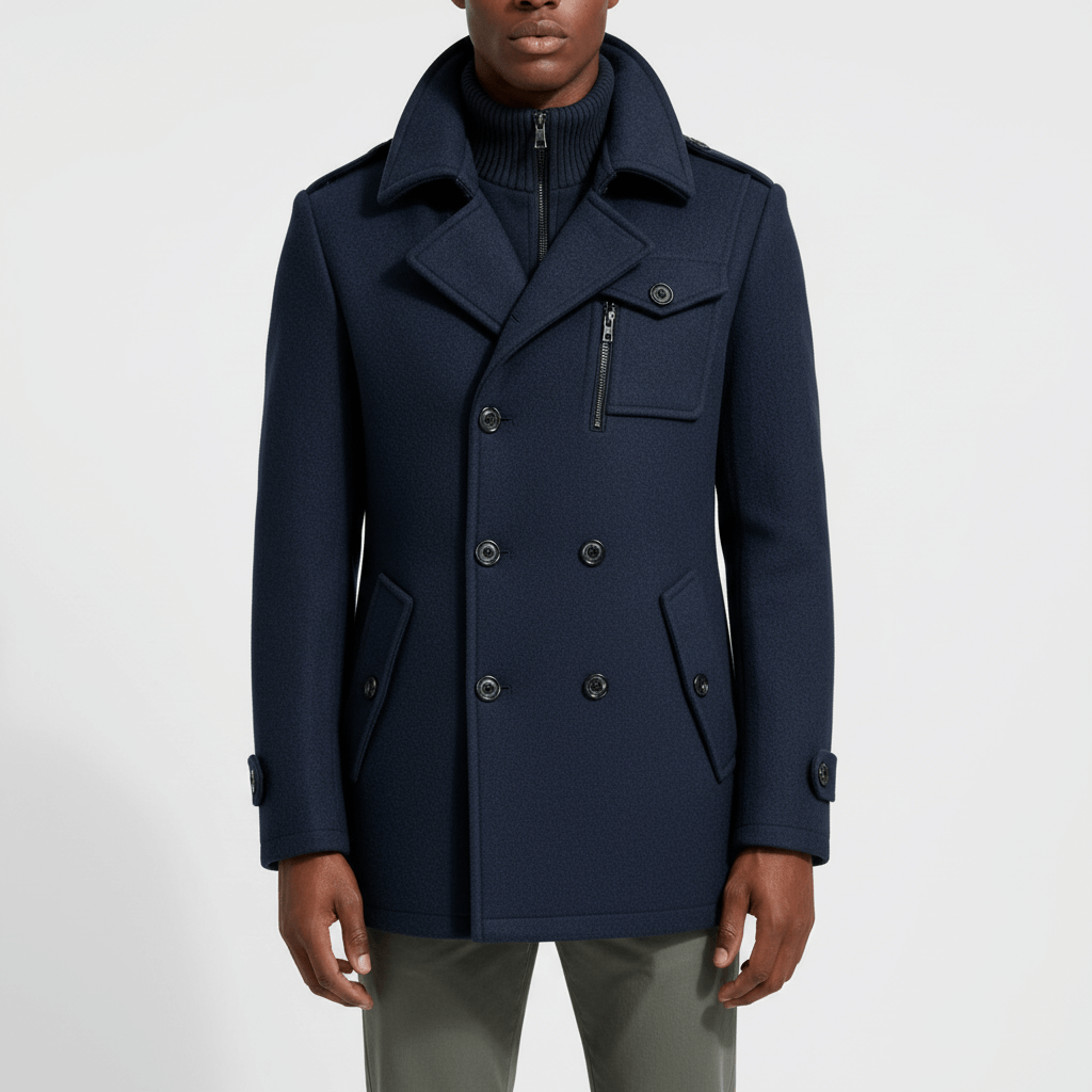 Classic Dark Blue Wool Coat - Vossary
