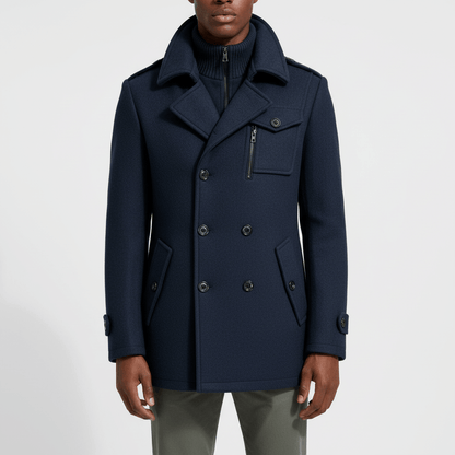 Classic Dark Blue Wool Coat - Vossary