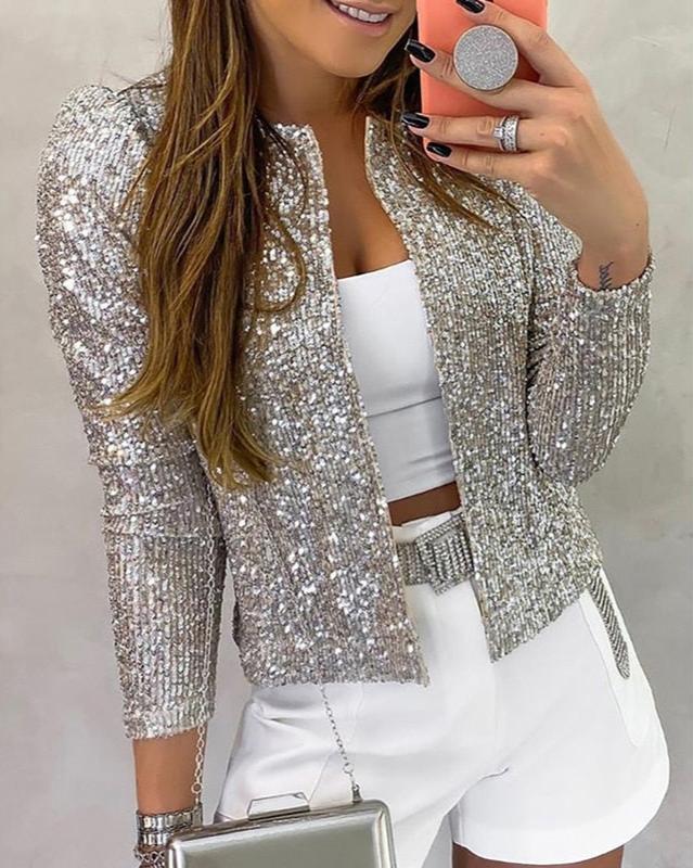 Glittering Women's Sequin Open Front Coat