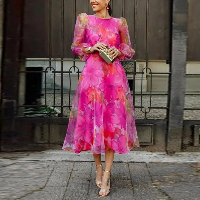 Chic Lace Knee Length Dress with See Through Sleeves - EasyApparels
