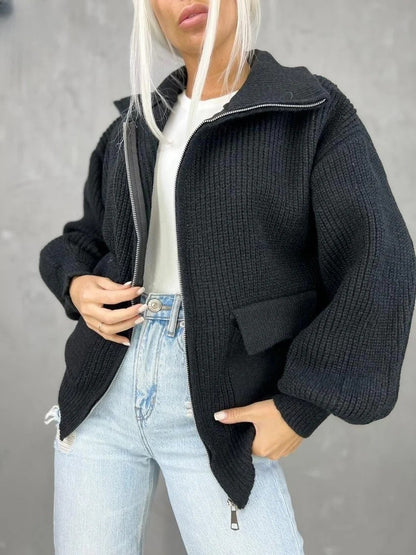 Soft Women's Zip Up Knit Jacket with Pockets